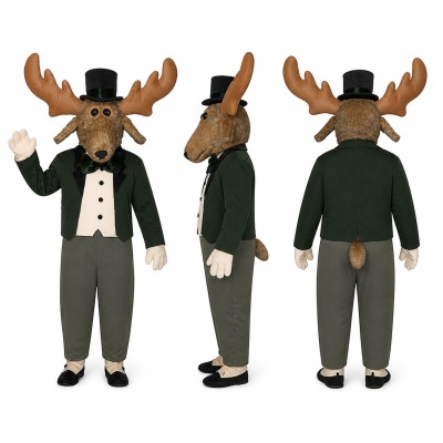 Moose Gentleman Mascot Costume with Black Top Hat and Tuxedo Adult