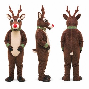 Reindeer Mascot Costume in Brown with Red Nose and Antlers Adult