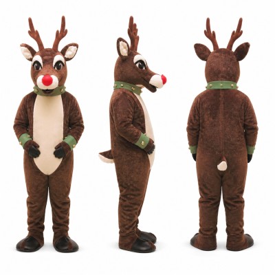 Reindeer Mascot Costume in Brown with Red Nose and Antlers Adult