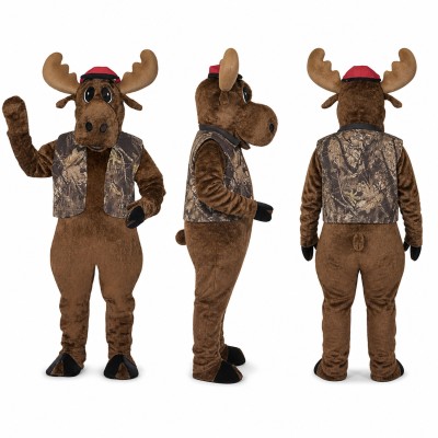 Moose Mascot Costume in Brown with Plaid Cap and Vest Adult