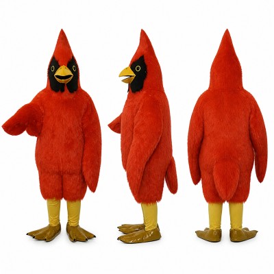 Cardinal Mascot Costume in Red with Black Face and Yellow Feet Adult