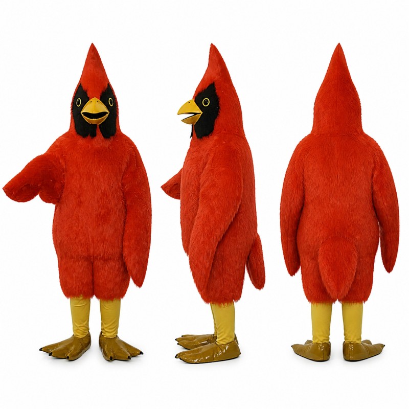 Cardinal Mascot Costume in Red with Black Face and Yellow Feet Adult