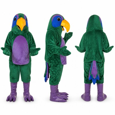Parrot Mascot Costume in Green and Purple with Blue Head Adult