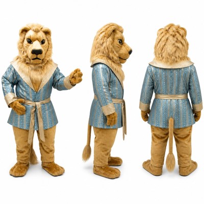 Royal Lion Mascot Costume with Golden Mane and Blue Robe Adult