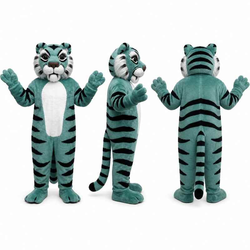 Tiger Mascot Costume in Teal Blue with Dark Stripes Adult