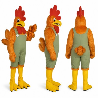 Rooster Mascot Costume in Orange with Green Overalls Adult
