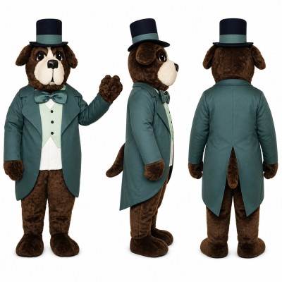 Dog Gentleman Mascot Costume with Black Top Hat and Teal Coat Adult