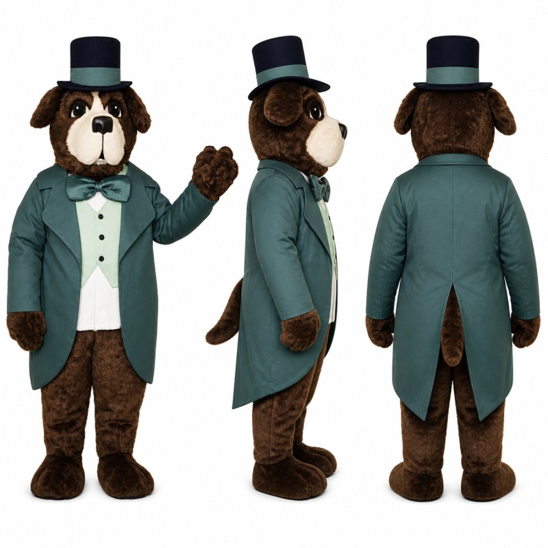 Dog Gentleman Mascot Costume with Black Top Hat and Teal Coat Adult