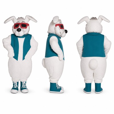 Rabbit Mascot Costume in White with Sunglasses and Teal Vest Adult