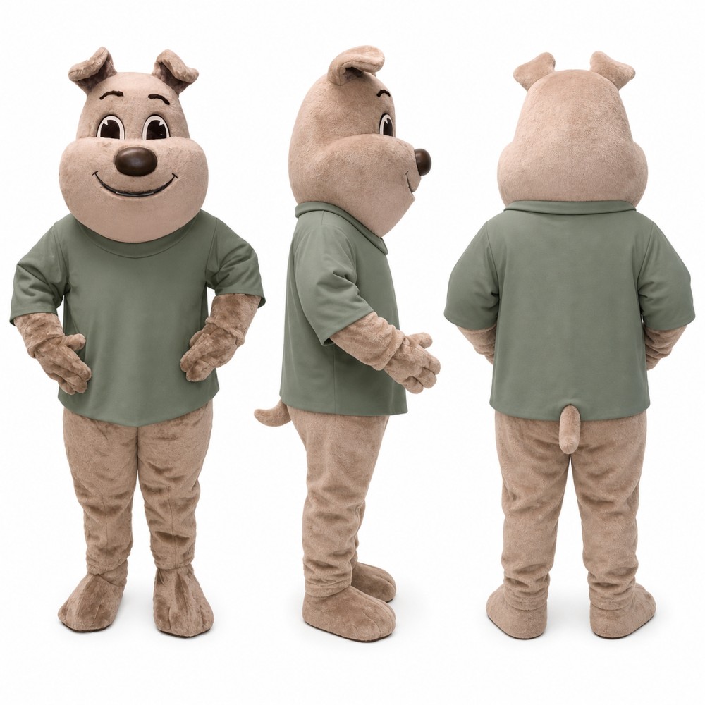 Bulldog Mascot Costume in Tan with Green Shirt Adult