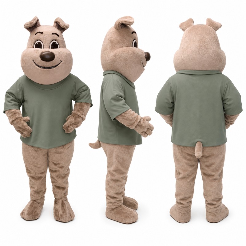 Bulldog Mascot Costume in Tan with Green Shirt Adult