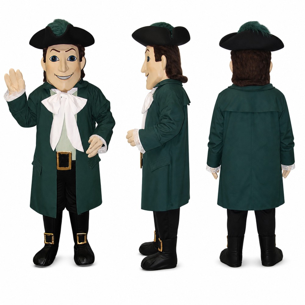 Colonial Gentleman Mascot Costume in Green Coat with Tricorn Hat Adult Colonial Gentleman Mascot Costume in Green Coat with Tricorn Hat Adult