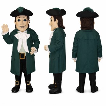 Colonial Gentleman Mascot Costume in Green Coat with Tricorn Hat Adult