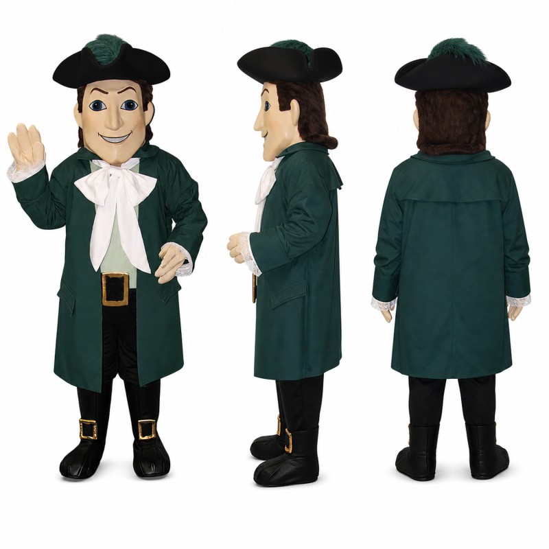 Colonial Gentleman Mascot Costume in Green Coat with Tricorn Hat Adult