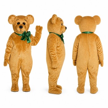 Teddy Bear Mascot Costume in Golden Brown with Green Bow Adult