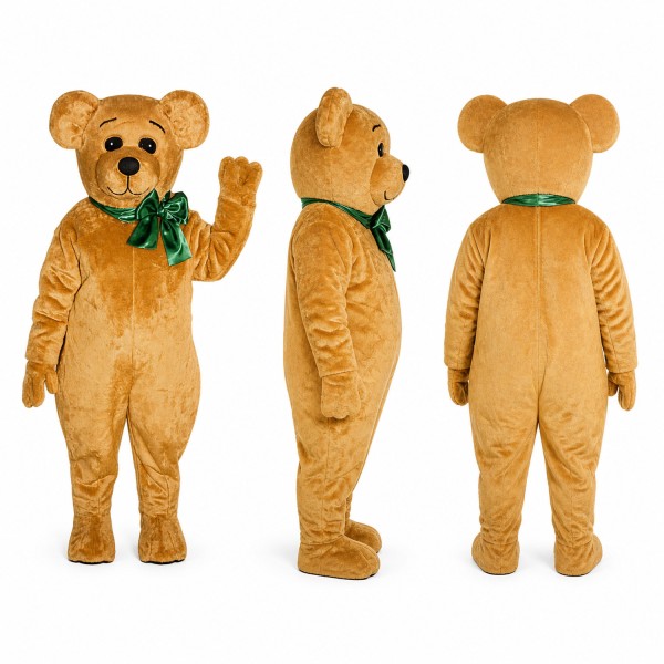Teddy Bear Mascot Costume in Golden Brown with Green Bow Adult