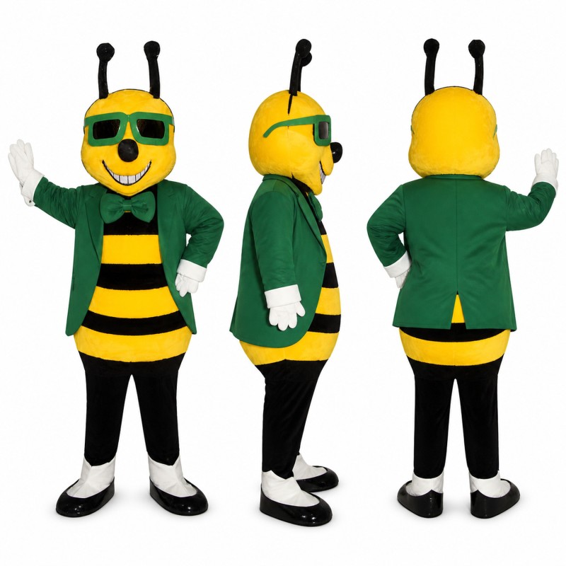 Bee Gentleman Mascot Costume with Sunglasses and Green Jacket Adult