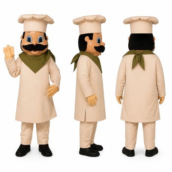 Chef Mascot Costume in Beige Uniform with White Hat Adult