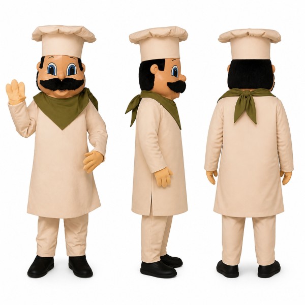 Chef Mascot Costume in Beige Uniform with White Hat Adult
