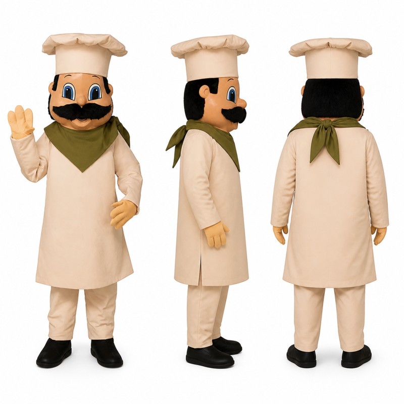 Chef Mascot Costume in Beige Uniform with White Hat Adult