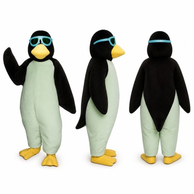 Penguin Mascot Costume in Black and Mint with Teal Goggles Adult