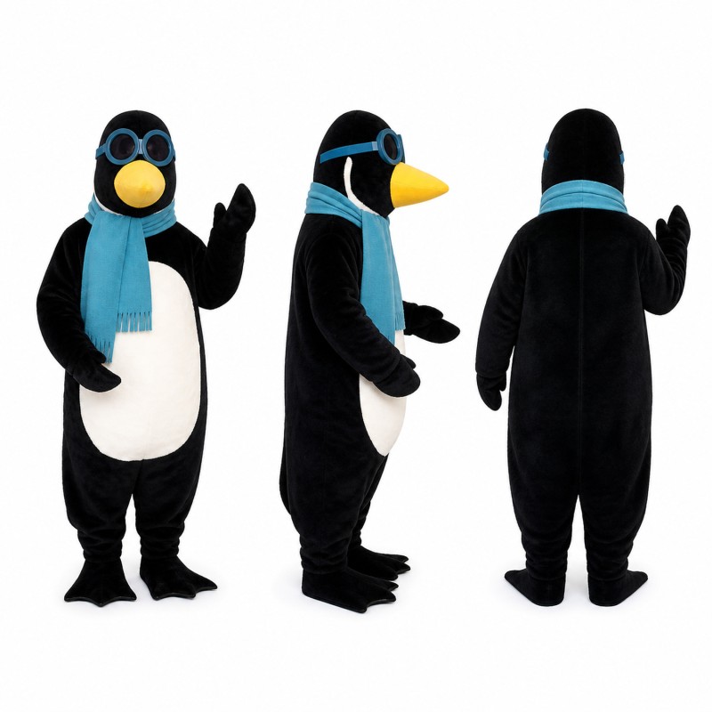 Penguin Mascot Costume in Black and White with Blue Scarf Adult