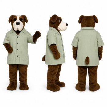 Bulldog Mascot Costume in Brown and White with Light Green Coat Adult