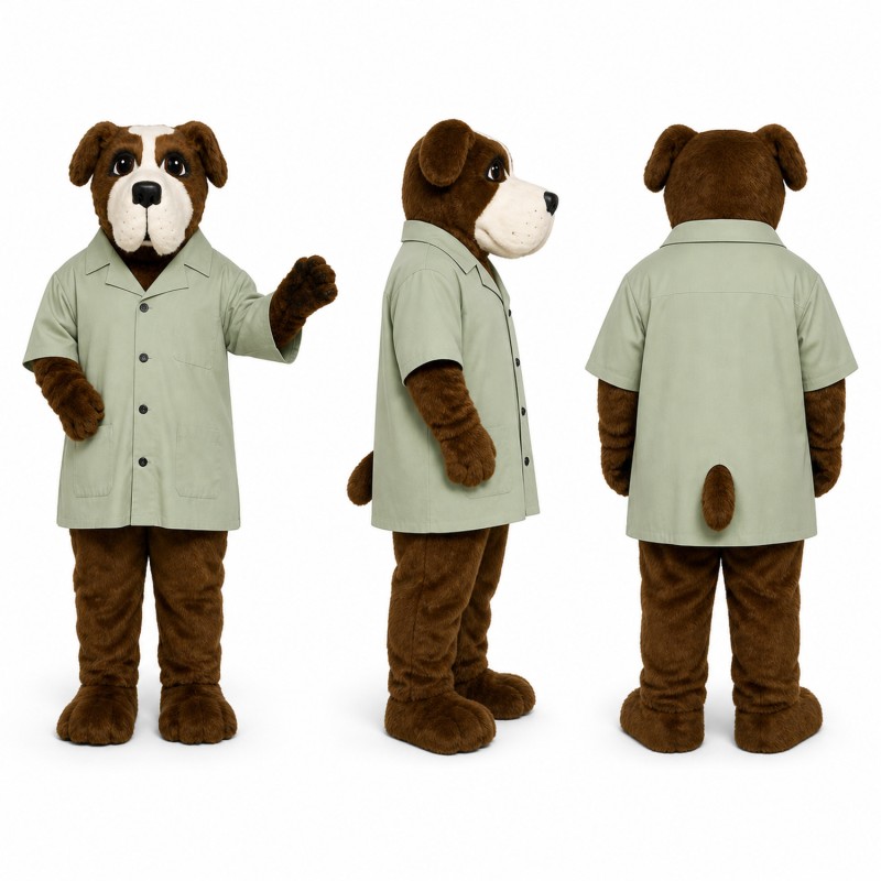 Bulldog Mascot Costume in Brown and White with Light Green Coat Adult
