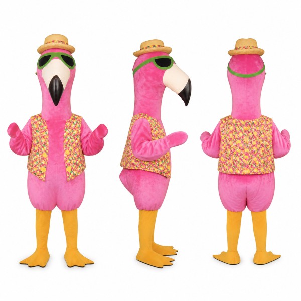 Flamingo Mascot Costume in Pink with Patterned Vest and Cap Adult