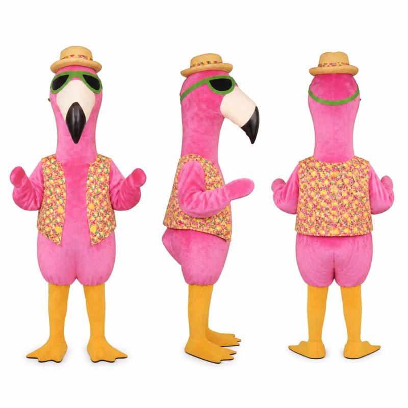 Flamingo Mascot Costume in Pink with Patterned Vest and Cap Adult
