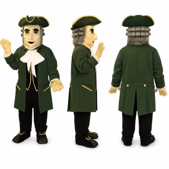 Colonial Gentleman Mascot Costume in Green Coat with Tricorn Hat Adult