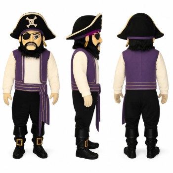 Pirate Mascot Costume with Black Hat and Purple Sash Adult