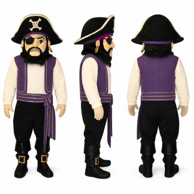 Pirate Mascot Costume with Black Hat and Purple Sash Adult