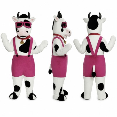 Cow Mascot Costume in Black and White with Pink Overalls and Sunglasses Adult