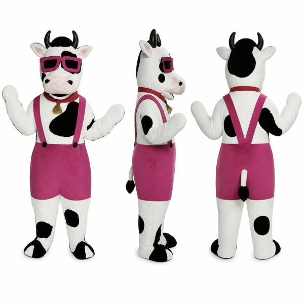 Cow Mascot Costume in Black and White with Pink Overalls and Sunglasses Adult