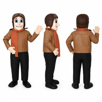 Pilot Mascot Costume in Brown Jacket with Aviator Goggles Adult