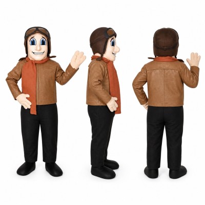 Pilot Mascot Costume in Brown Jacket with Aviator Goggles Adult