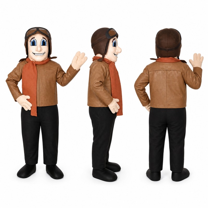 Pilot Mascot Costume in Brown Jacket with Aviator Goggles Adult
