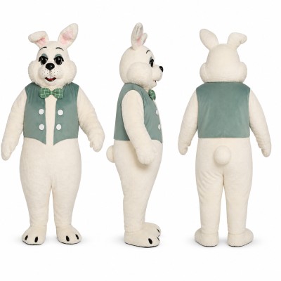 Rabbit Mascot Costume in White with Green Vest Adult