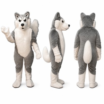 Husky Mascot Costume in Gray and White with Fluffy Tail Adult