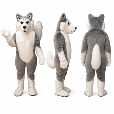 Husky Mascot Costume in Gray and White with Fluffy Tail Adult
