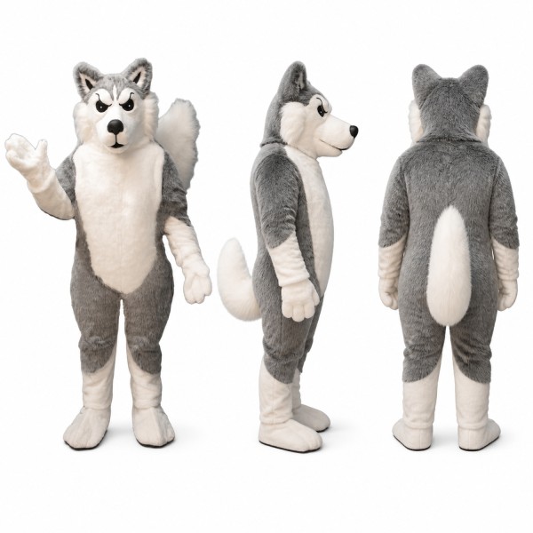 Husky Mascot Costume in Gray and White with Fluffy Tail Adult