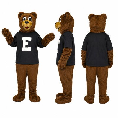 Bear Mascot Costume in Brown with Black Letter Shirt Adult