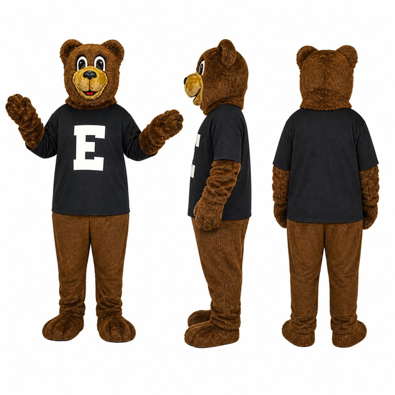 Bear Mascot Costume in Brown with Black Letter Shirt Adult