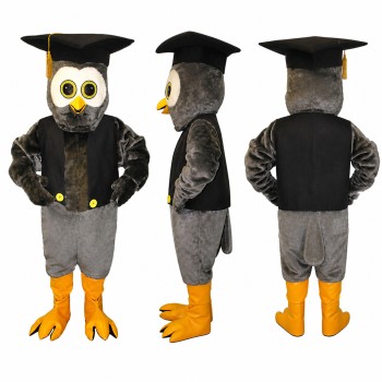 Graduation Owl Mascot Costume in Gray with Black Cap and Gown Adult
