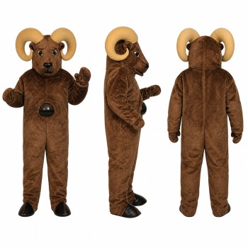 Ram Mascot Costume in Brown with Large Curved Horns Adult