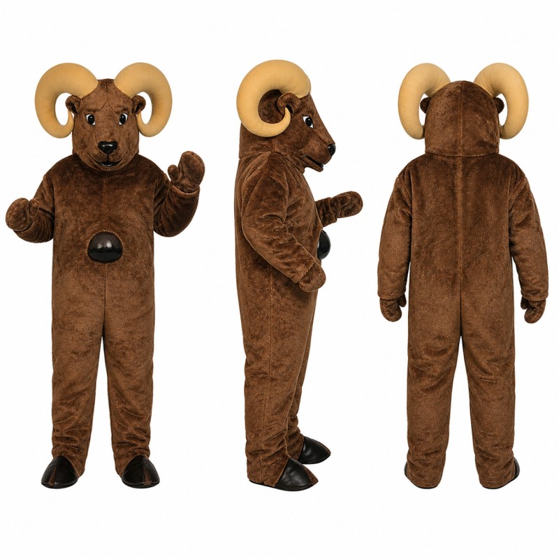 Ram Mascot Costume in Brown with Large Curved Horns Adult