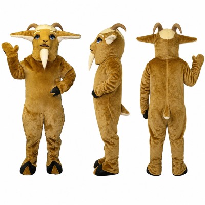 Goat Mascot Costume in Golden Brown with Long Horns Adult