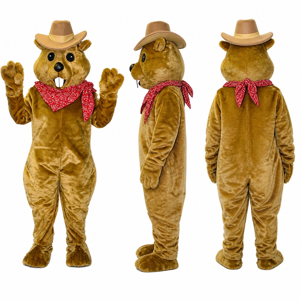 Cowboy Beaver Mascot Costume in Golden Brown with Hat and Bandana Adult