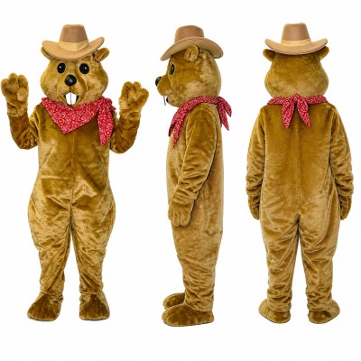 Cowboy Beaver Mascot Costume in Golden Brown with Hat and Bandana Adult